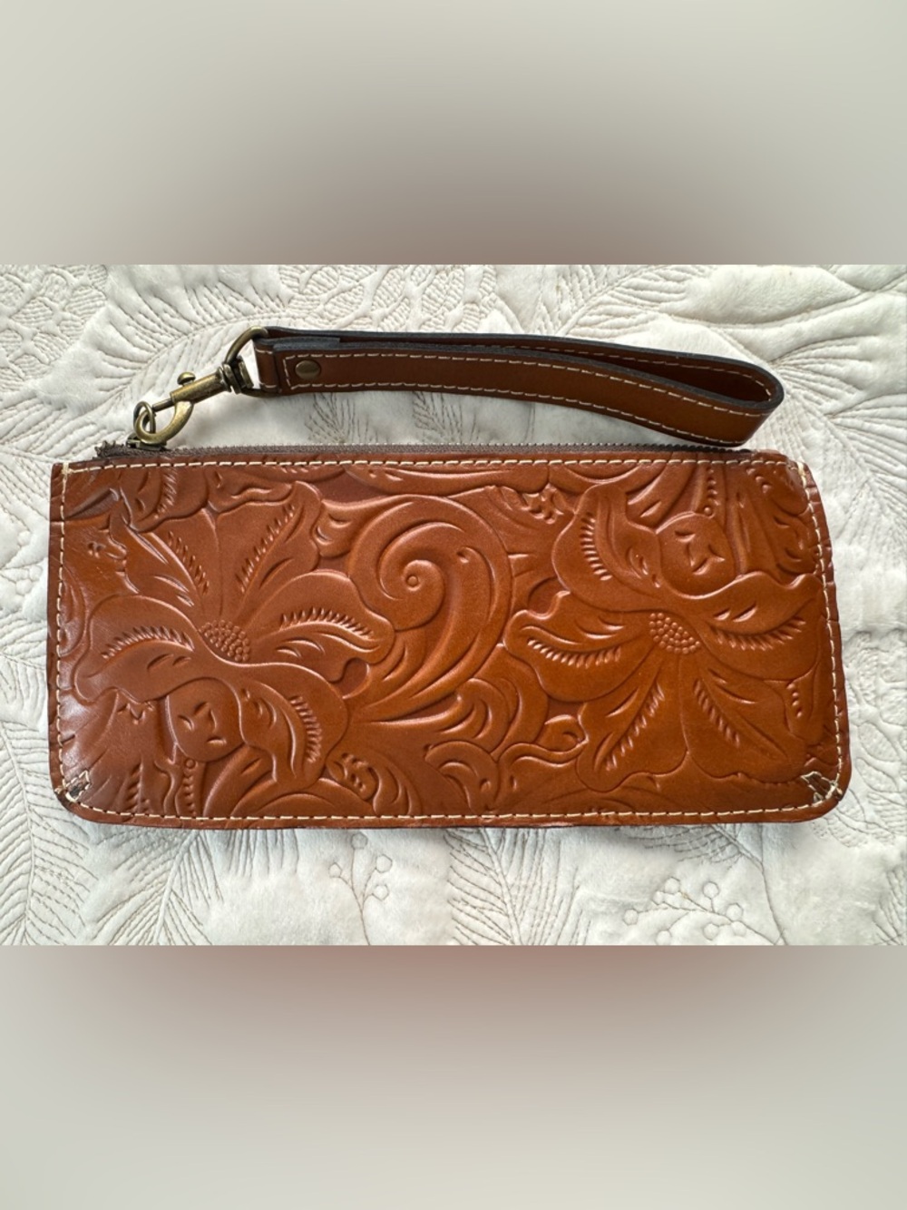 Patricia Nash Leather Wristlet Clutch in Cognac Brown